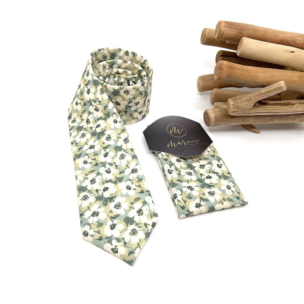 Dusty Sage Green Neck Tie, Floral Necktie AND Pocket Square